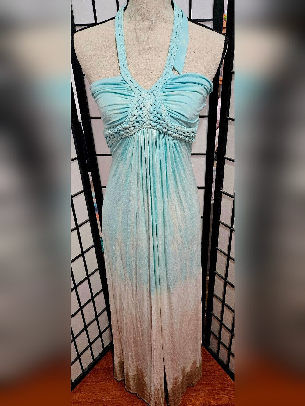 Sky Size Small Teal Ombre Tie-Dye Jersey Braided Halter Maxi Dress